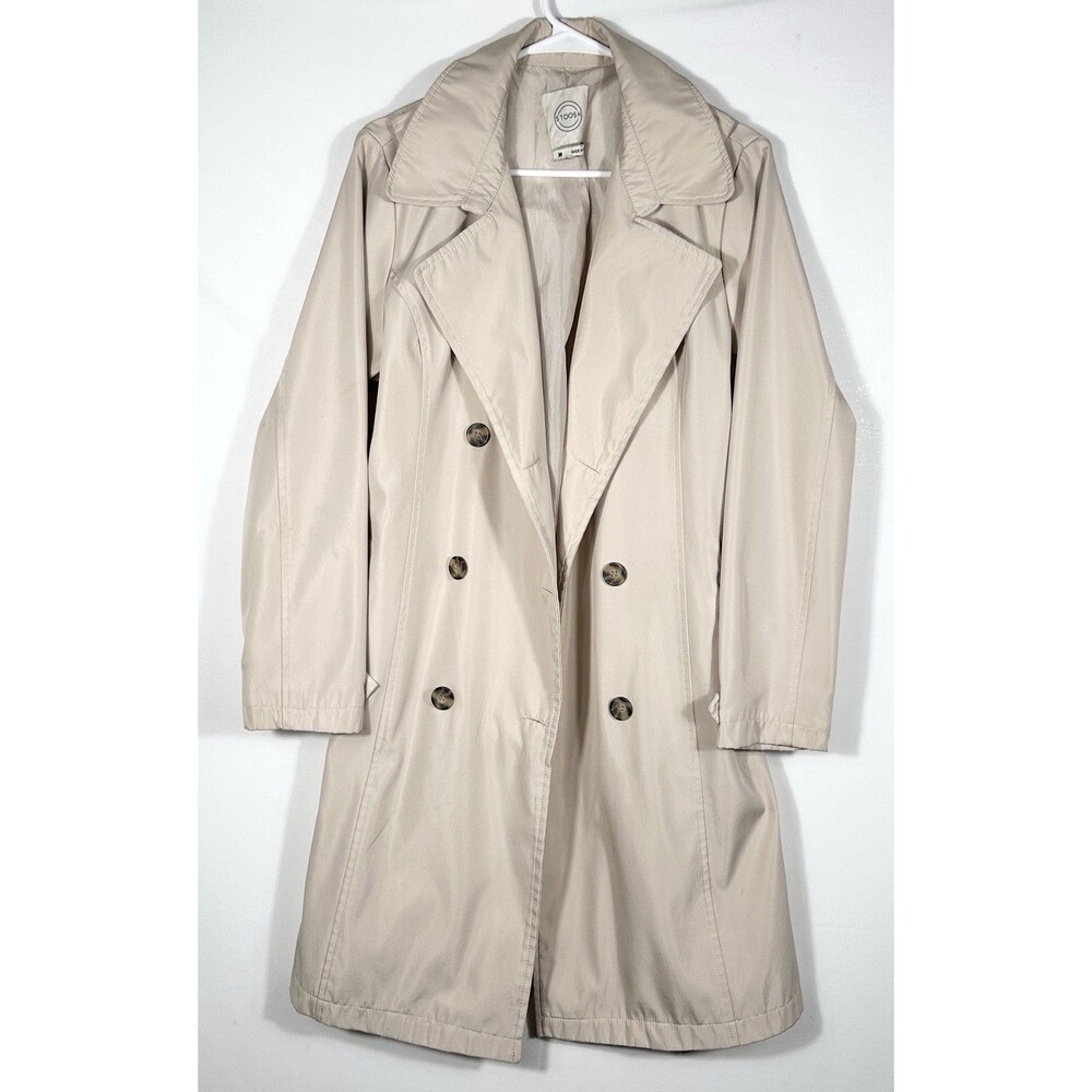 Stoosh Trench Coat Women's Med Long Double Breasted Tan Beige Belted Lined Coa
